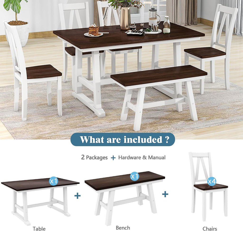 Harper & Bright Designs 6-Piece Dining Set, Farmhouse Style Wood Dining Table and 4 Dining Chairs & Long Bench, Kitchen Table Set, Walnut+White