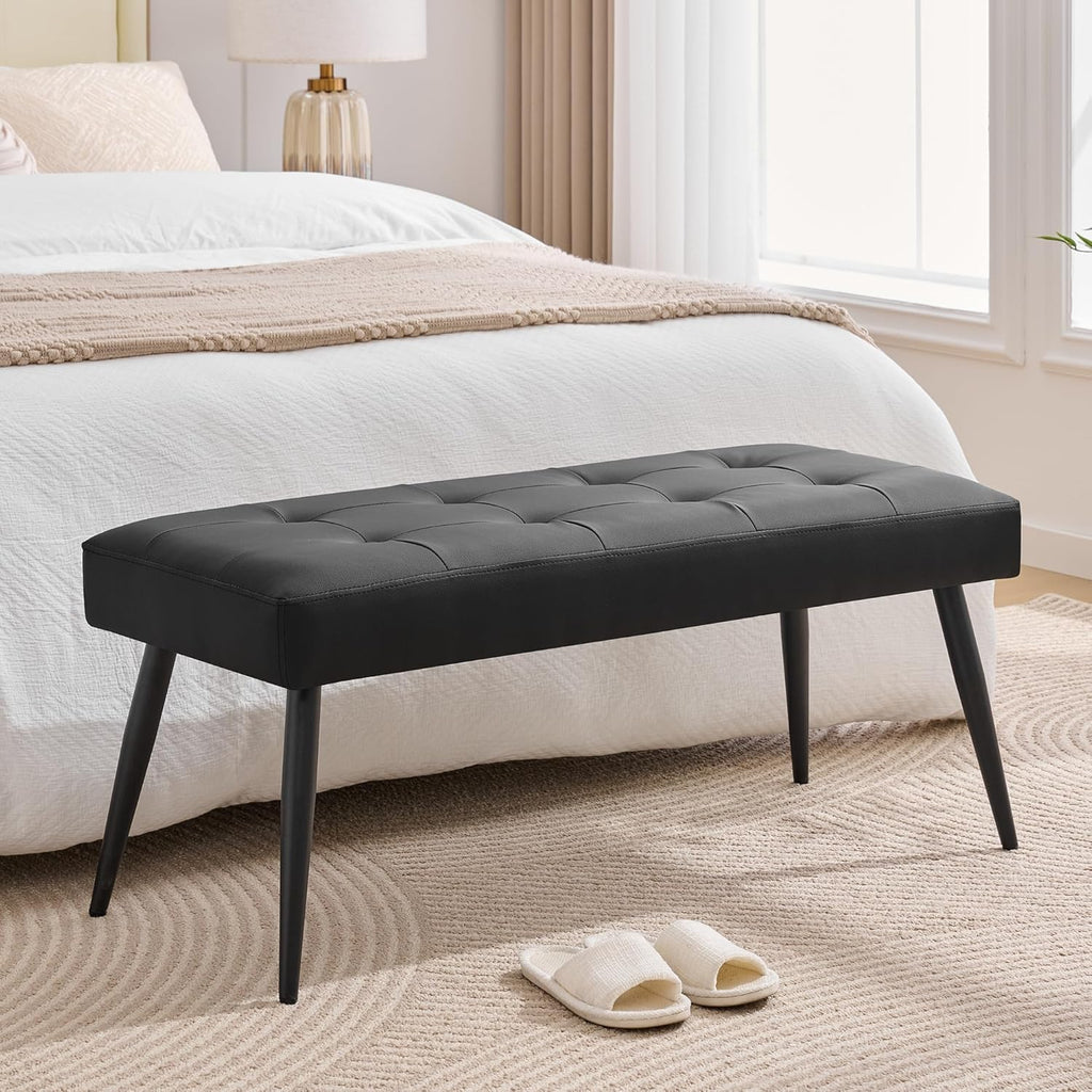 LOULENS Faux Leather Entryway Bench, Modern Upholstered Bench, Matte Black