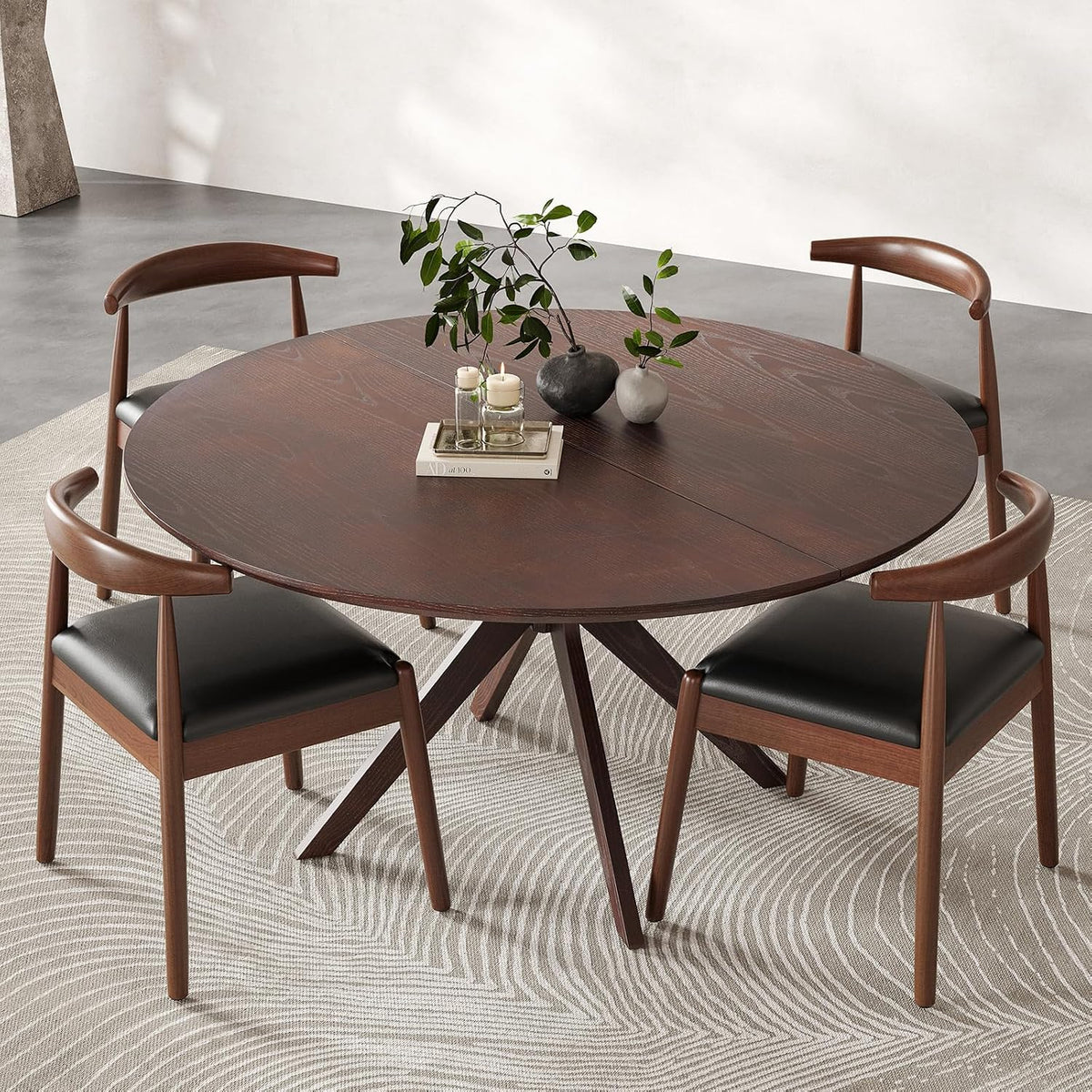 Soohow 47.2" Solid Wood Round Dining Table for 4-6 People with Intersecting Pedestal Base, Circle Kitchen Tables for Dining Room, Kitchen, Walnut