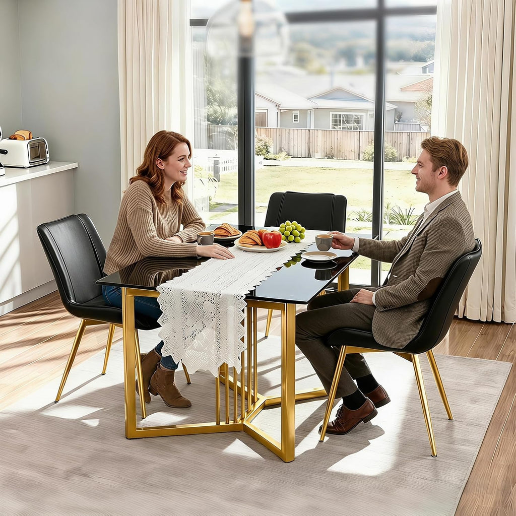 Dining Chairs Set of 2, PU Leather Armless with Metal Legs Black, Gold Legs