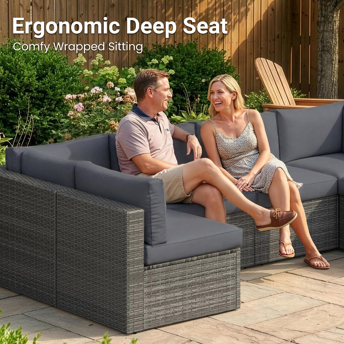 Wisteria Lane 7 Pieces Wicker Patio Furniture Set, All-Weather Patio Sectional Sofa with Coffee Table, Outdoor Sectional Furniture for Garden Backyard, Grey