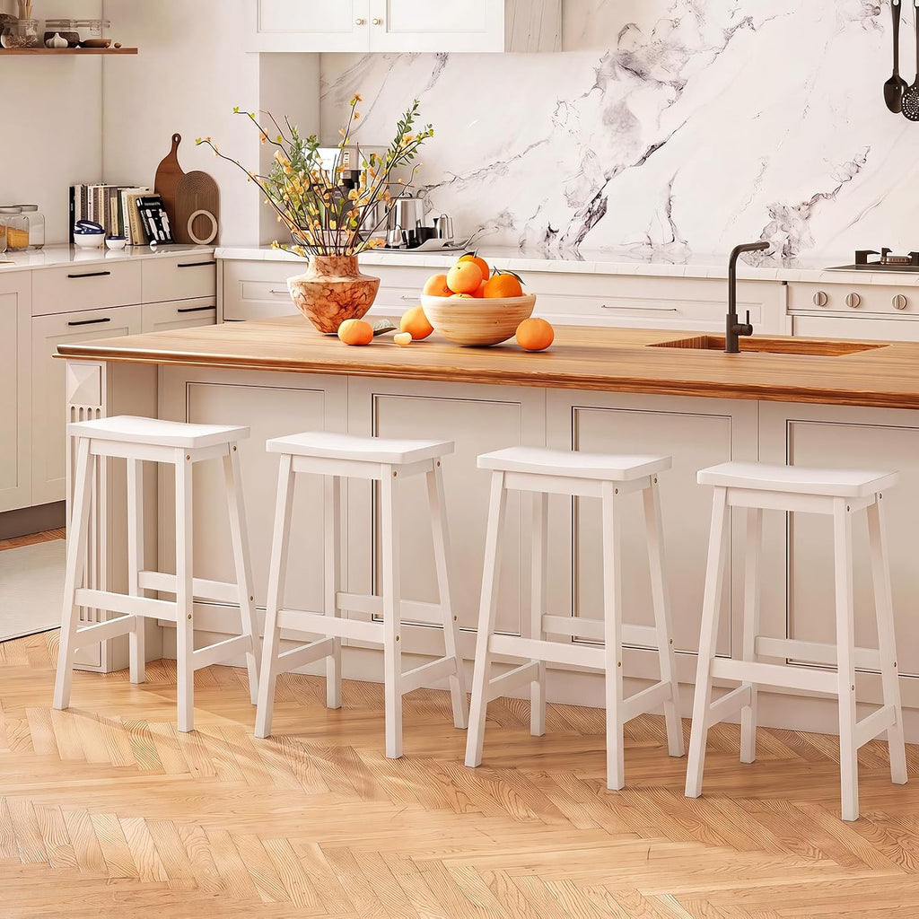 COSTWAY 29-inch Solid Wood Saddle Stools Set of 2 with Footrests, White