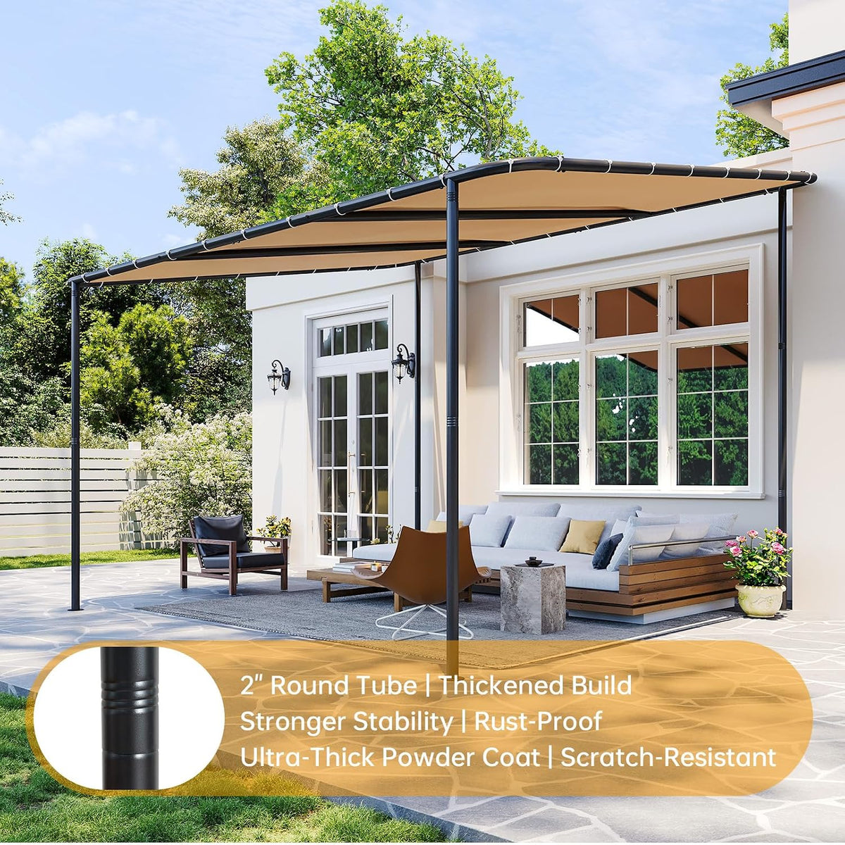 10x12 Lean to Pergola Outdoor Gazebo with Water Resistant & UV-Resistant, Sloped Roof Awning Wall-Mounted Canopy for Patio Backyard, Deck, or Garden Khaki
