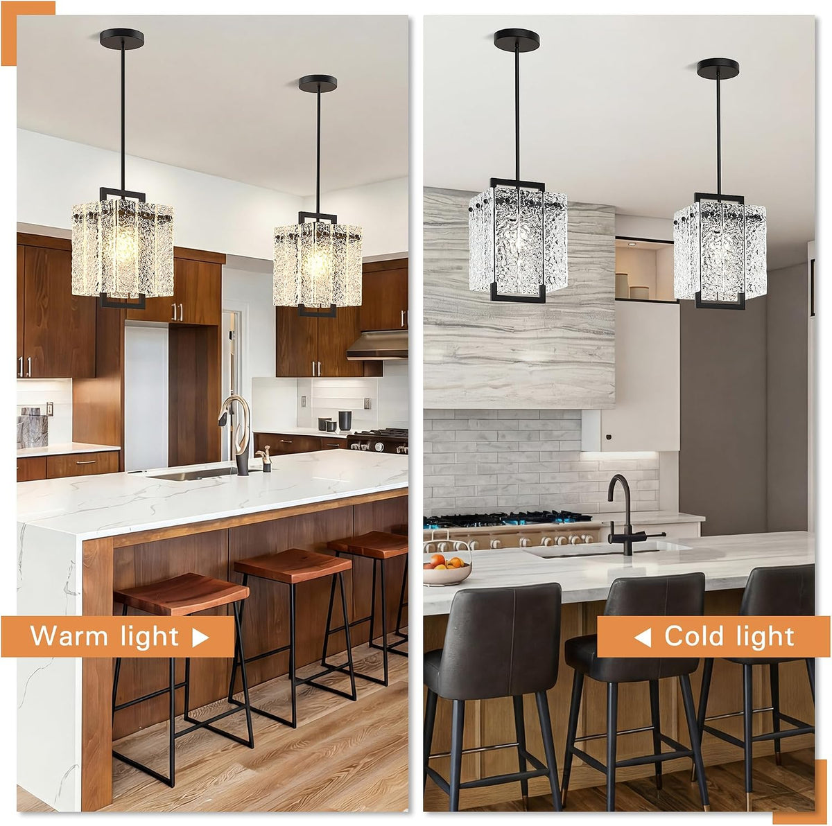 Modern Black Rectangle Chandelier, Black 7" Pendant Lights Kitchen Island with Water Ripple Glass, Pendant Light Fixtures for Dining Room, Living Room, Kitchen Island