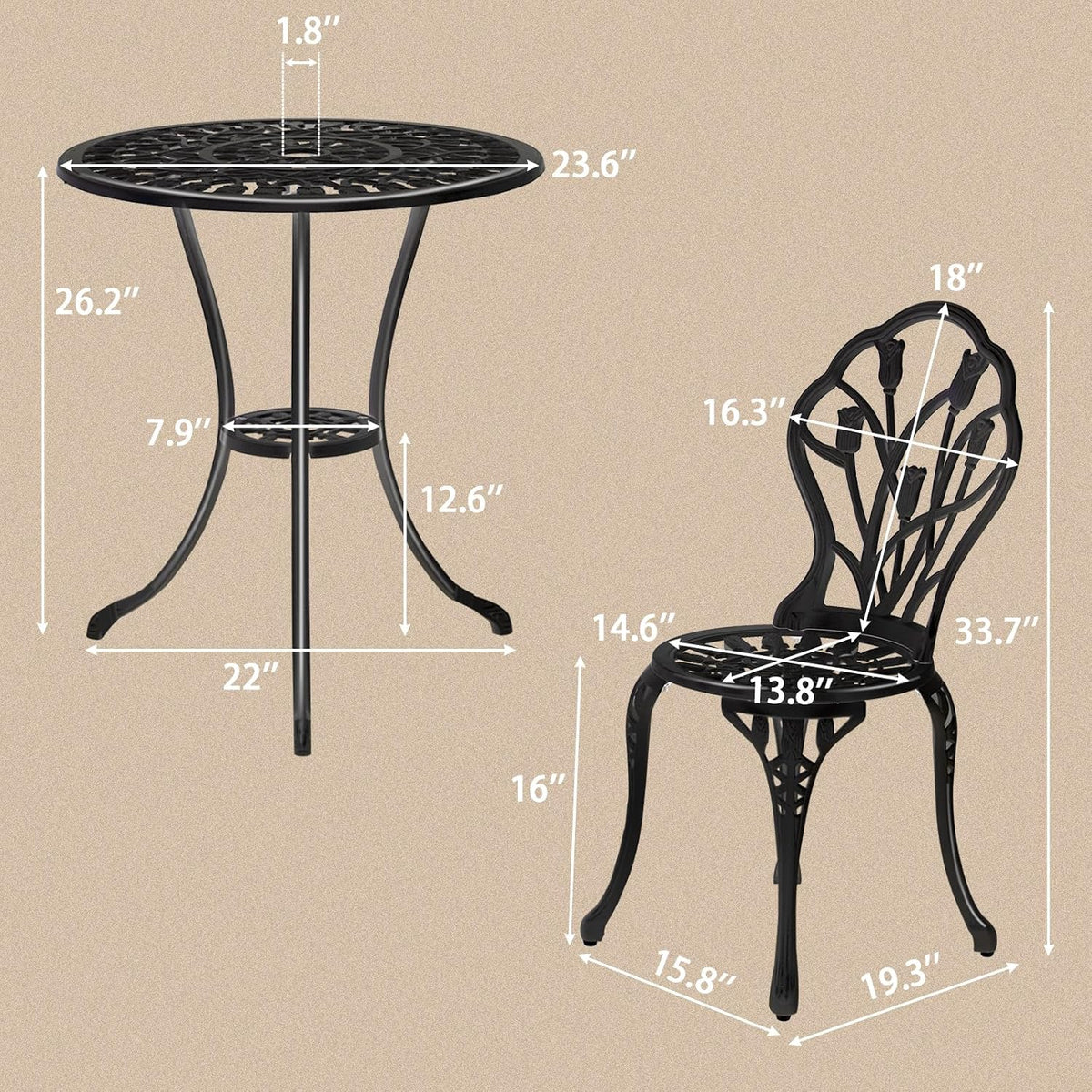 outvita 3 piece cast aluminum bistro set, tulip, package contents
