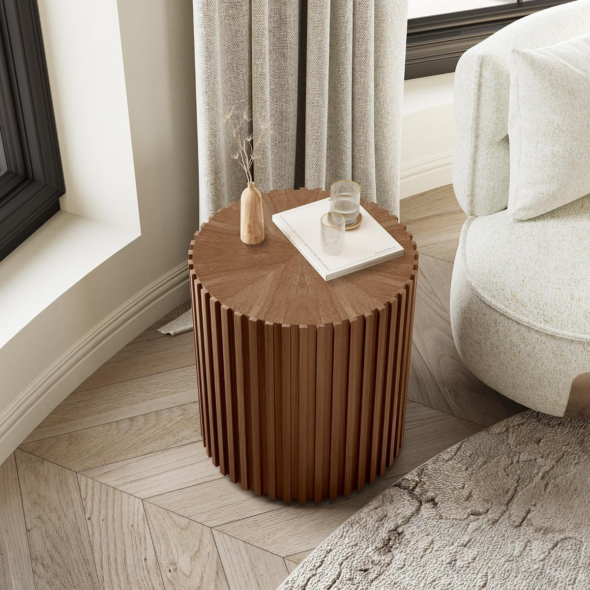 POVISON Round Coffee Side Table, Mid Century Wood End Table, Fluted Side Table for Living Room Bedroom Office, 20.08", Light Walnut