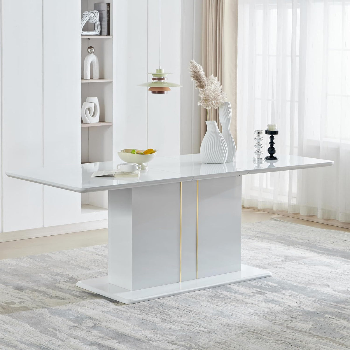 Homy Casa High Gloss Extendable Dining Table for 6 8 10 Persons, 63-80.7''Modern Wooden Kitchen Expanding Table for Dining Room, Conference Table, White