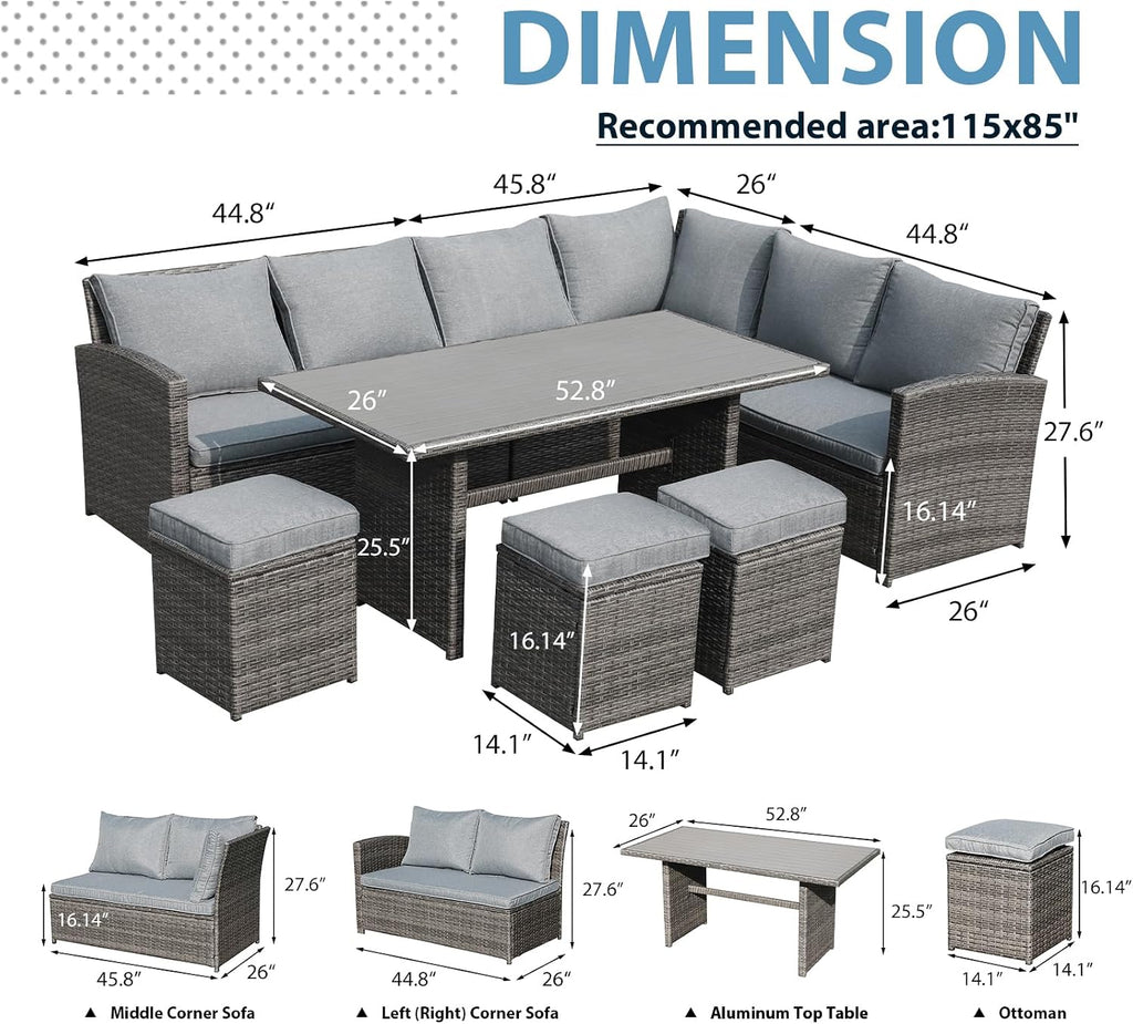 JOIVI 7 Piece Wicker Patio Furniture Set w/Dining Table & Ottomans, Gray