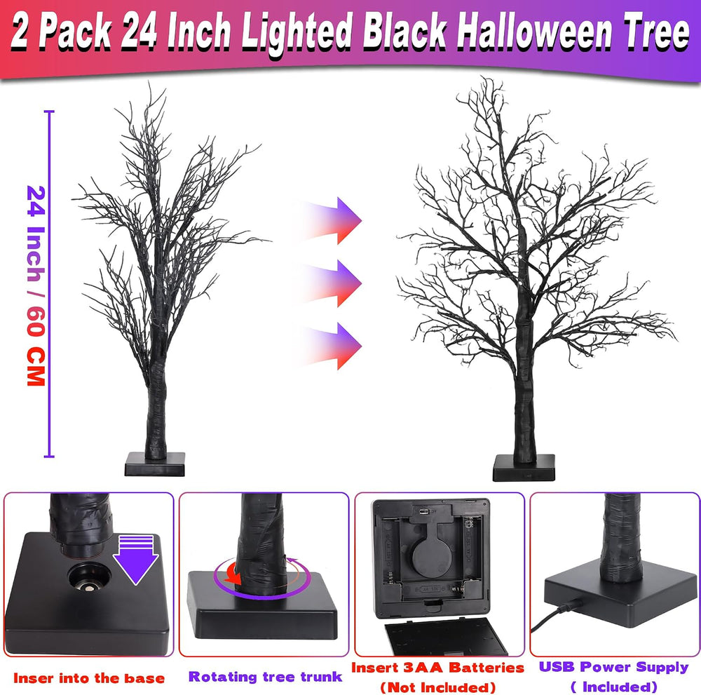2 Pack 24 Inch Spooky Black Halloween Tree Decorations for Indoor Home Table,...