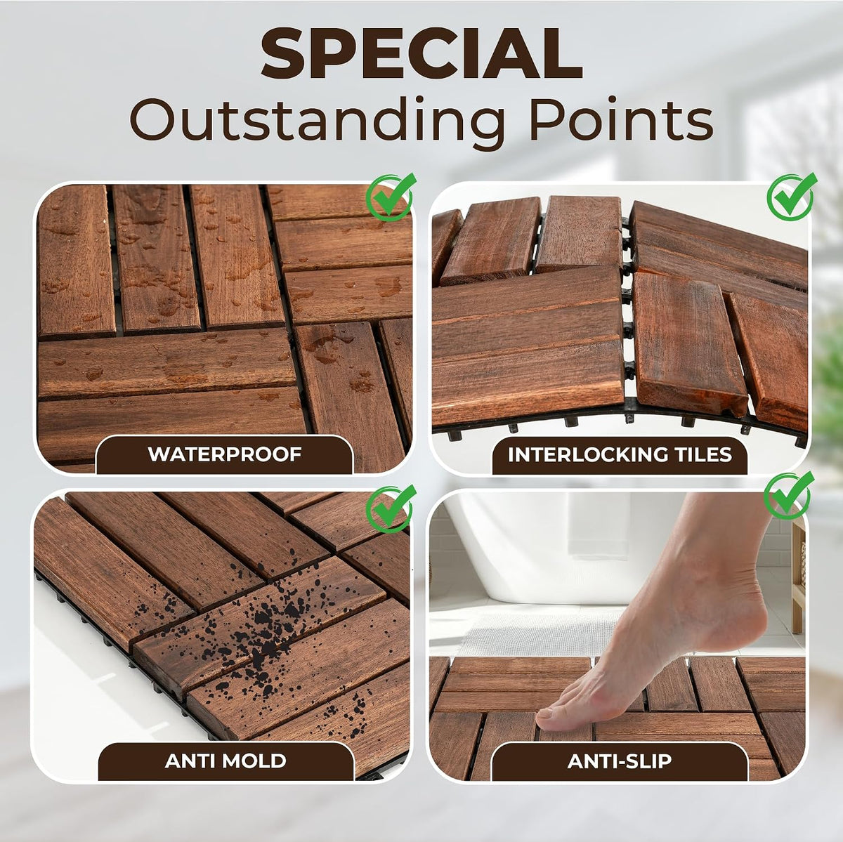 Interlocking Deck Tiles, 10 PCS 12" x 12" Acacia Wood, Dark Brown