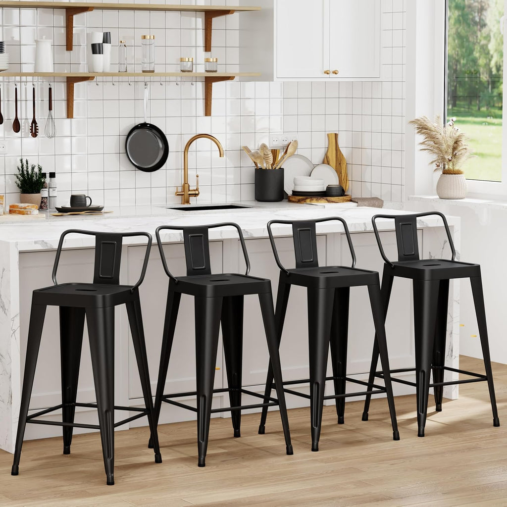 WENTMENT Metal Bar Stools Set of 4 Counter Height Black Barstools with Removable Back 24" Kitchen Bar Stools