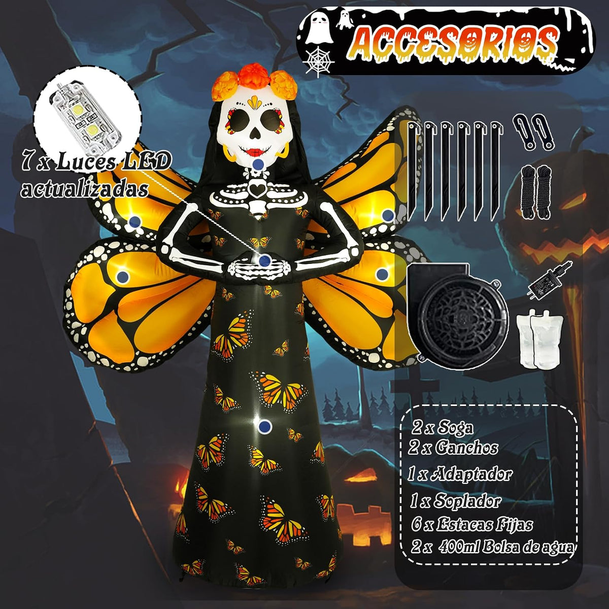 Dia de Los Muertos Decoration, 6 FT Halloween Inflatables Décor Day of The Dead Spooky Sugar Skull Butterfly Wings, Halloween Blow up Yard Decorations with Built-in LED for Altar Garden, Lawn
