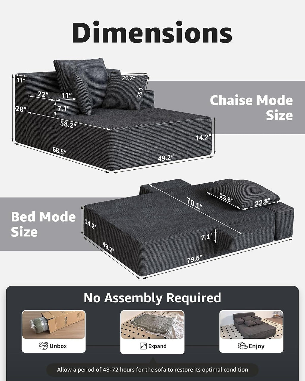 79.5" Oversized Boneless Chaise Lounge, Chaise Lounge Chair Indoor, Black