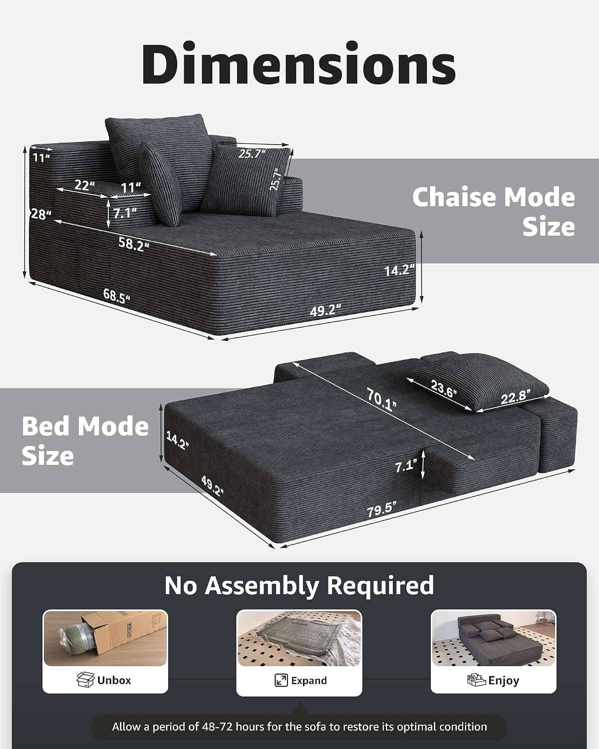79.5" Oversized Boneless Chaise Lounge, Chaise Lounge Chair Indoor, Black