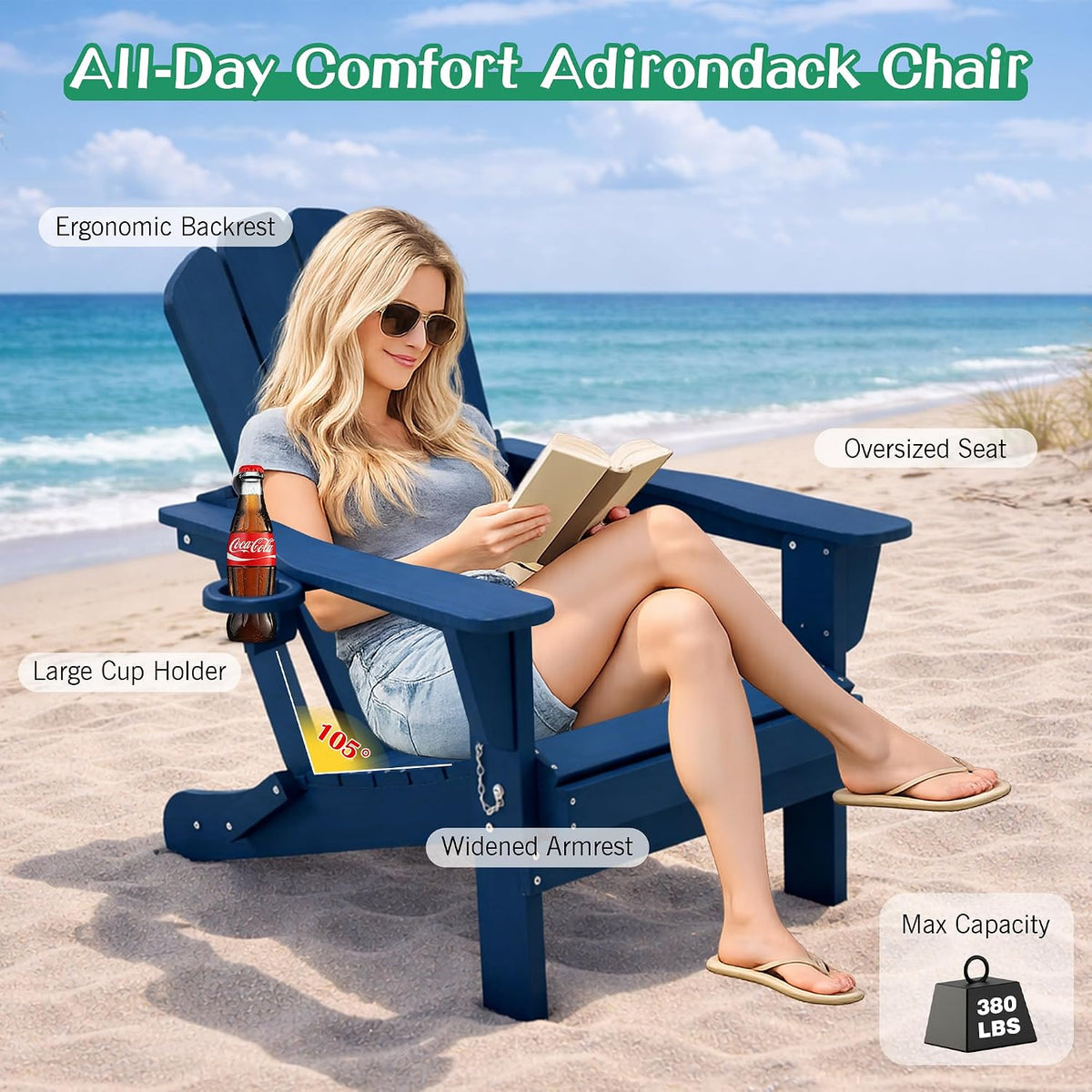 Domi Folding Adirondack Chair Set of 8, HDPE All-Weather Adirondack Chairs with Cup Holder, Outdoor Plastic Fire Pit Chairs Wood Texture for Poolside, Patio, Backyard, Deck (Blue)