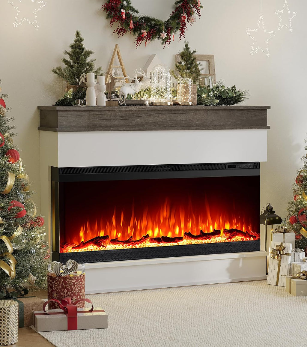 3-Sided View Electric Fireplace Insert - Minimalist Mantel - 12 Color Flame Effect - 1500/750 Watt Heater - Remote Control - Log & Crystals(40", White)