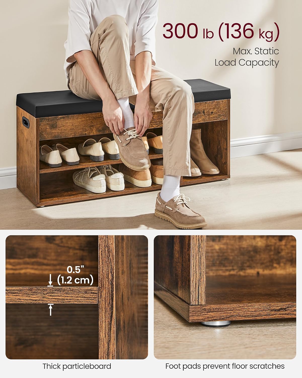 VASAGLE Storage Bench with Cushion, Shoe Bench, 11.8 x 39.4 x 17.3 Inches