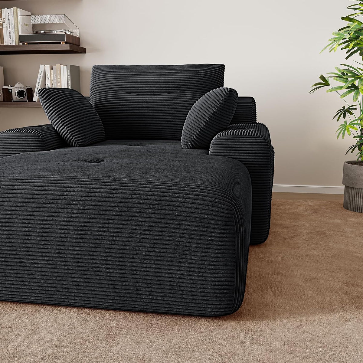 69” Oversized Chaise Lounge Chair Indoor, Soft Boneless Chaise Lounge Reading Chairs with 4 Side Pockets and 2 Cup Holders, Comfy Corduroy Sleeper Sofa Bed for Living Room Bedroom, Black