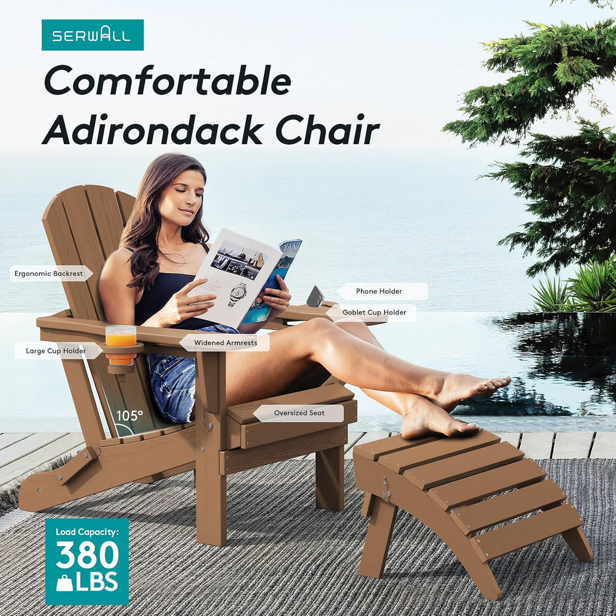 SERWALL Outdoor Adirondack Chair Set of 2 with Cup Holders,Foldable,Brown