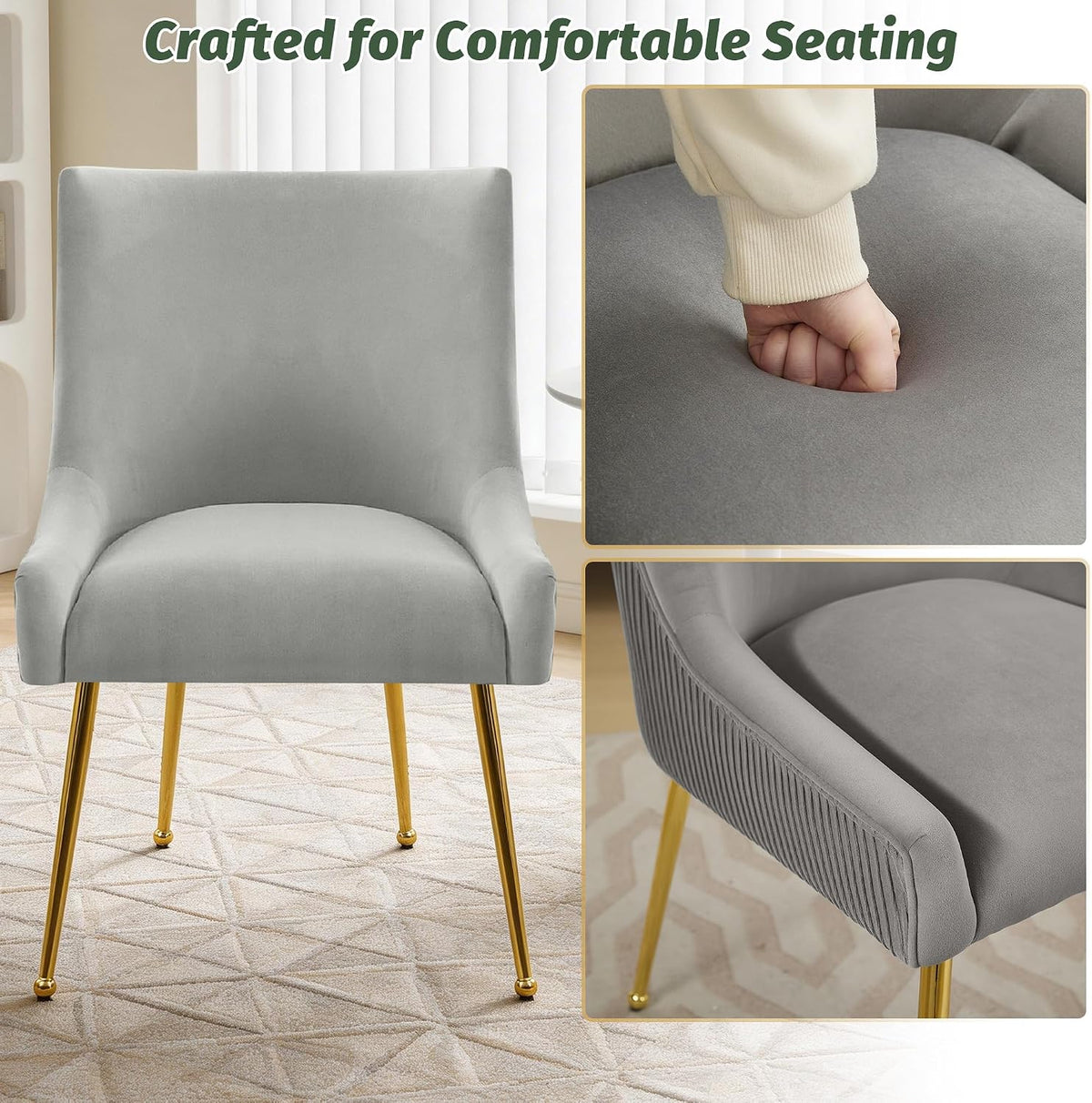 Upholstered Modern Grey Velvet Dining Chairs Set of 4 with Gold Metal Legs