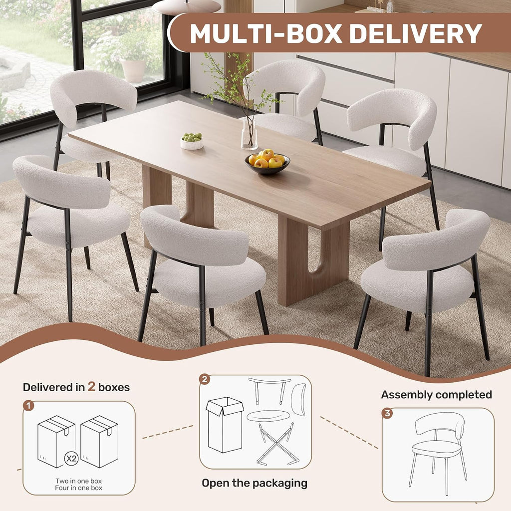 Dining Chairs Set of 2, Mid Century Modern Kitchen Chairs, Boucle Upholstered Dining Chair with Curved Backrest & Metal Legs for Kitchen Dining Room, White
