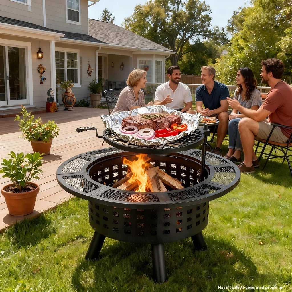 Verdeluxe 36 inch Outdoor Fire Pit with Cooking Grate 3-in-1 Fire Pit Table