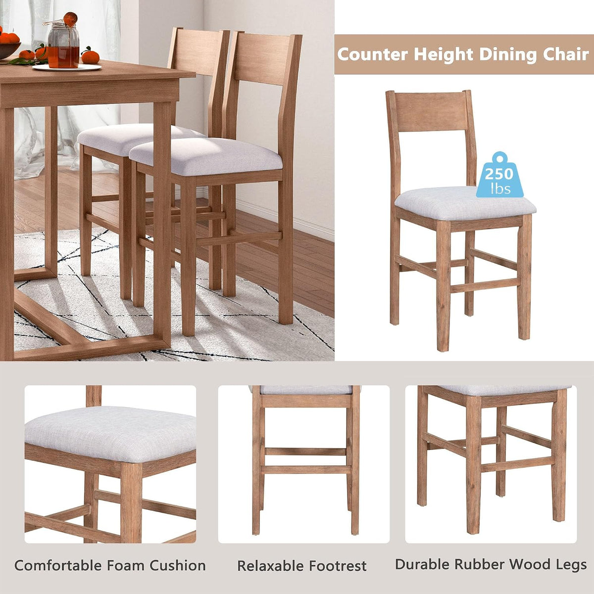 LUMISOL 5-Piece Counter Height Dining Table Set for 4, Farmhouse Kitchen Table Set with 4 Upholstered Chairs for Kitchen, Dining Room, Home Bar, Natural