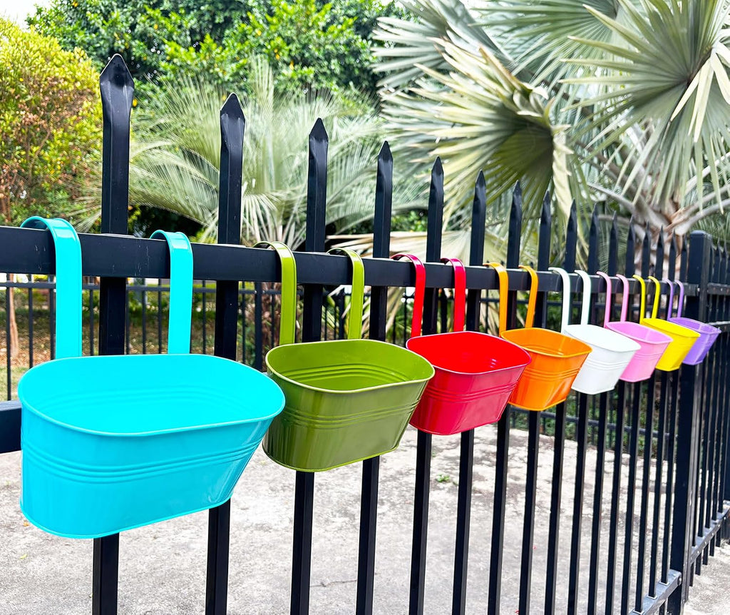 8 Pack 12" Colorful Metal Railing Planters with Hooks for Outdoor Fence