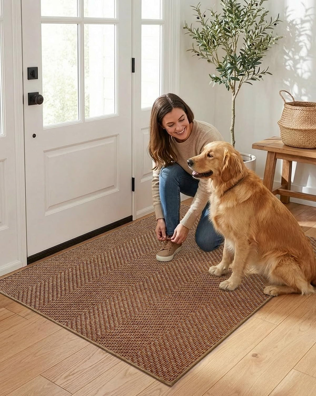 Color&Geometry Ultra Thin Indoor Door Mat 48"x72"Entrance Mat,Warm Chestnut