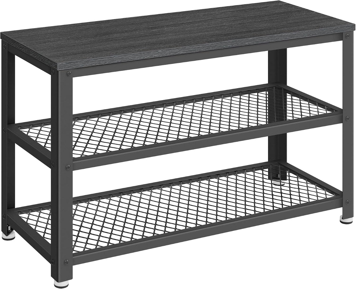 VASAGLE 3-Tier Shoe Rack, Storage Bench with Metal Mesh Shelves and Seat