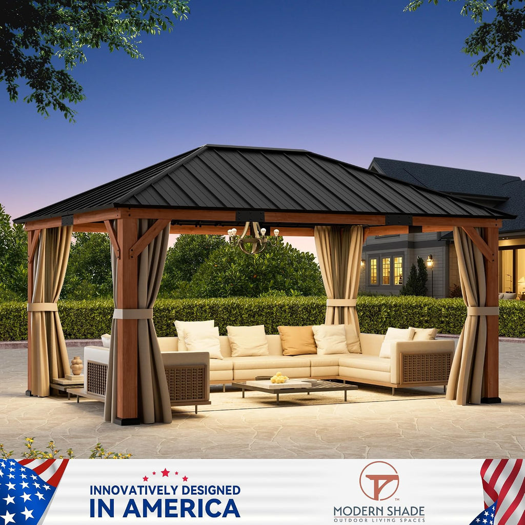 Modern Shade Permanent Wood Gazebo 12x16 with Galvanized Steel Roof