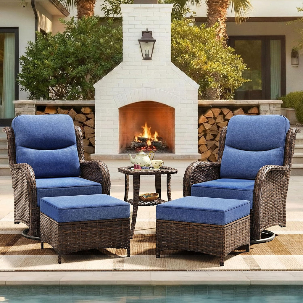 HILLGA 5-Piece Luxury Patio Furniture Set with 6" Thick Cushions, Weather-Resistant Wicker High Back Swivel Rocker Chairs, Senior-Friendly Conversation Set for Small Porch, Deck and Sunroom, Blue(V2)