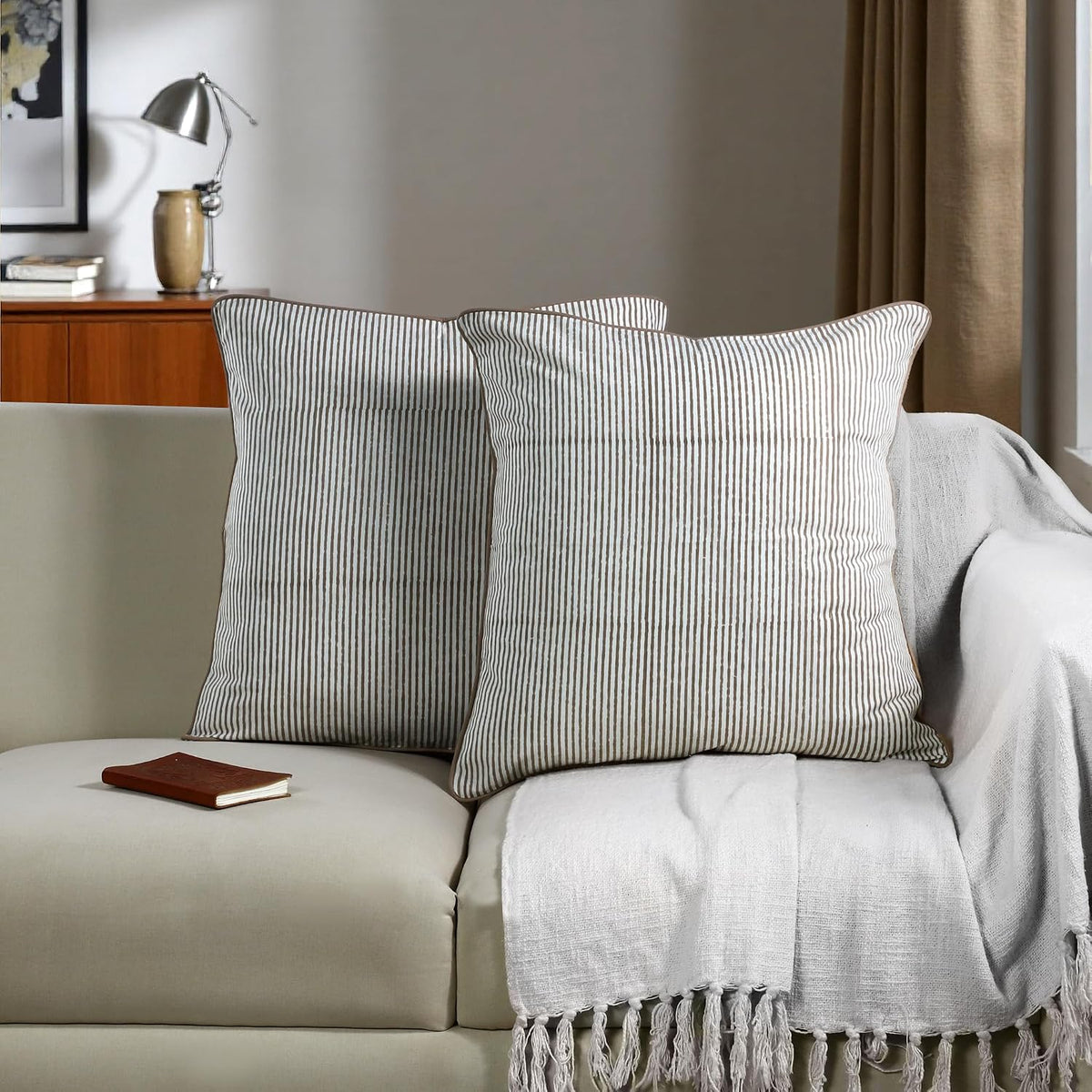 ridhi oatmeal brown stripe hand block print pillow, side view