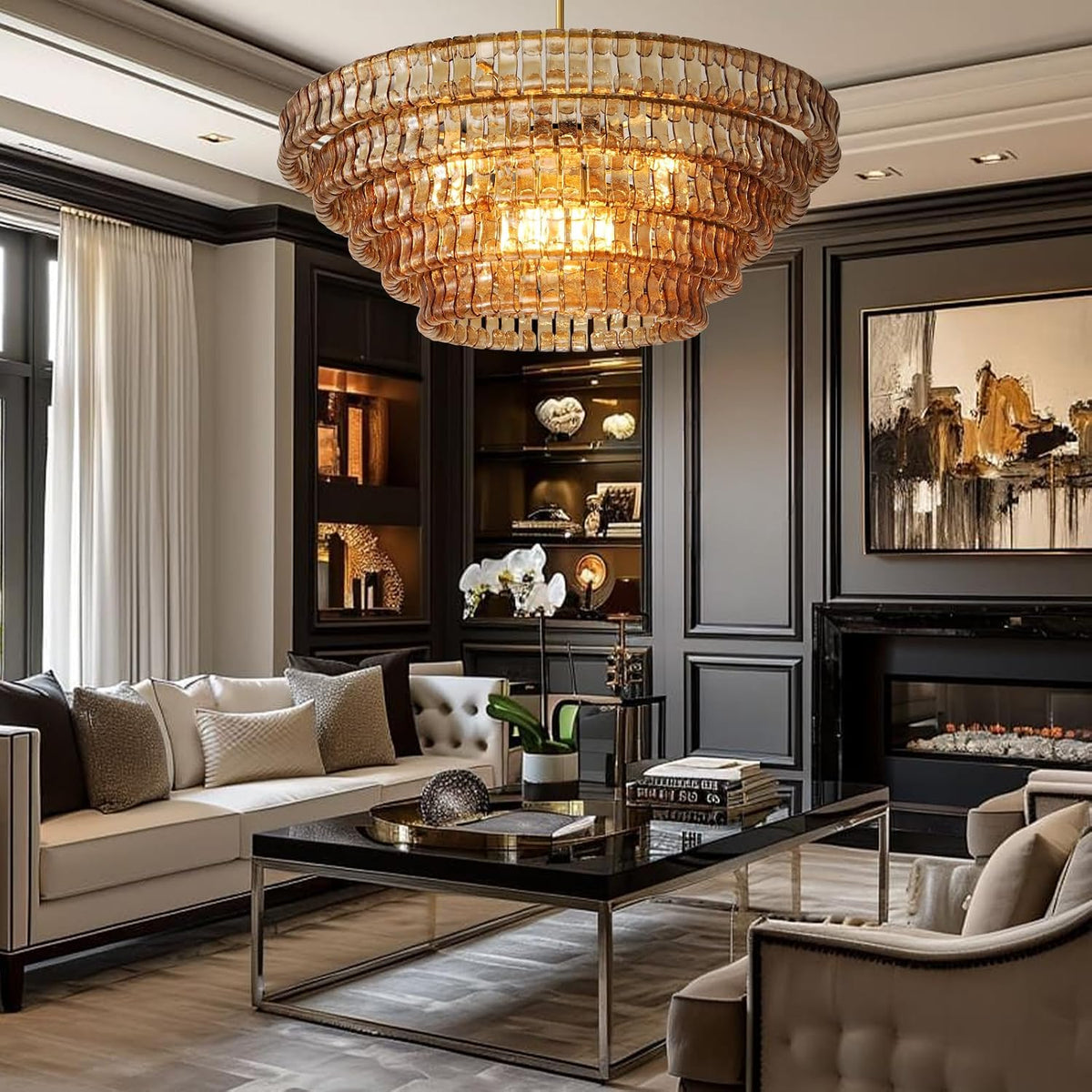 YIOSI Large Chandelier, 48" Gold Chandelier for Dining Room, 8-Light Round Drum Kitchen Island Hanging Light Fixture Perfect for Living Room, Bedroom