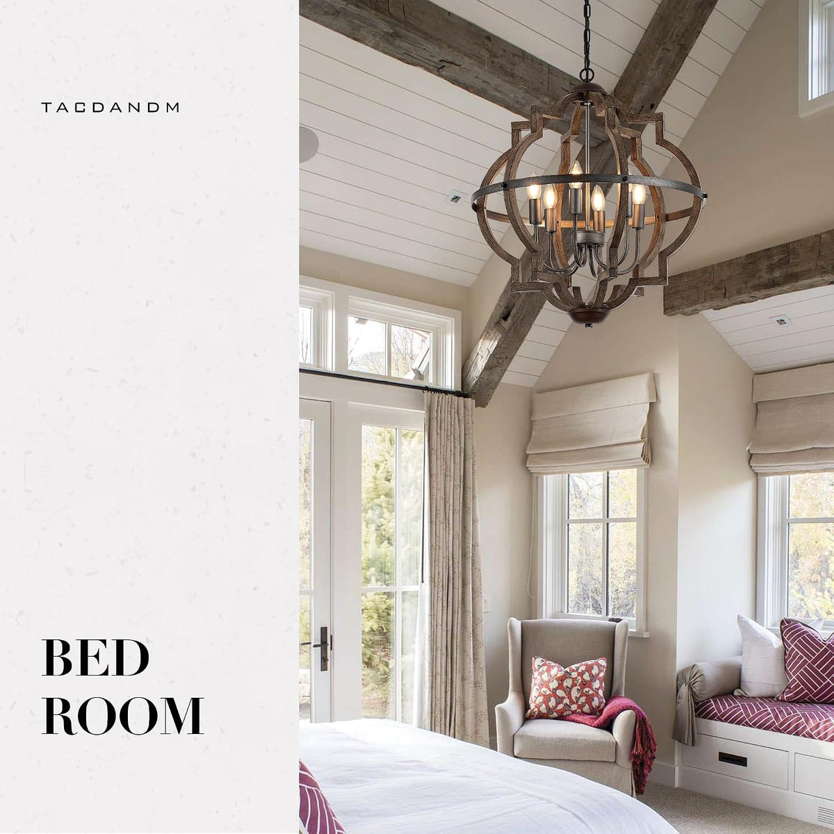 6-light wood farmhouse chandelier for dining room hallway, front angle view
