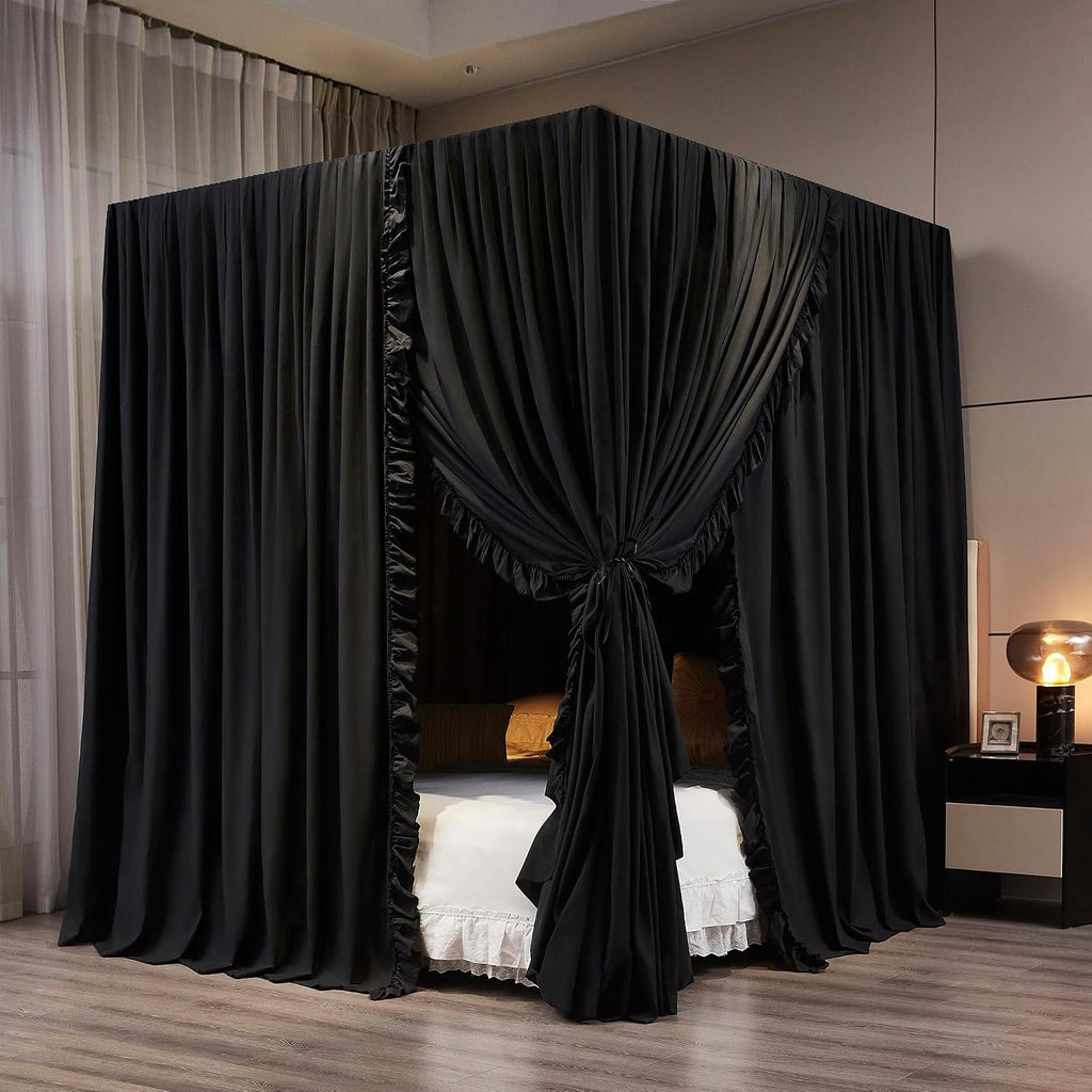 Mengersi Black Canopy Bed Curtains Queen Size,Royal Breathable Lightweight Private Space-Elegant Bed Curtains Bedroom Decoration Accessories for Adults
