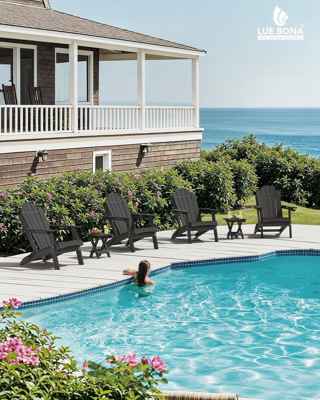 LUE BONA HDPE Folding Adirondack Chair, Cup Holder, Set of 4, Black