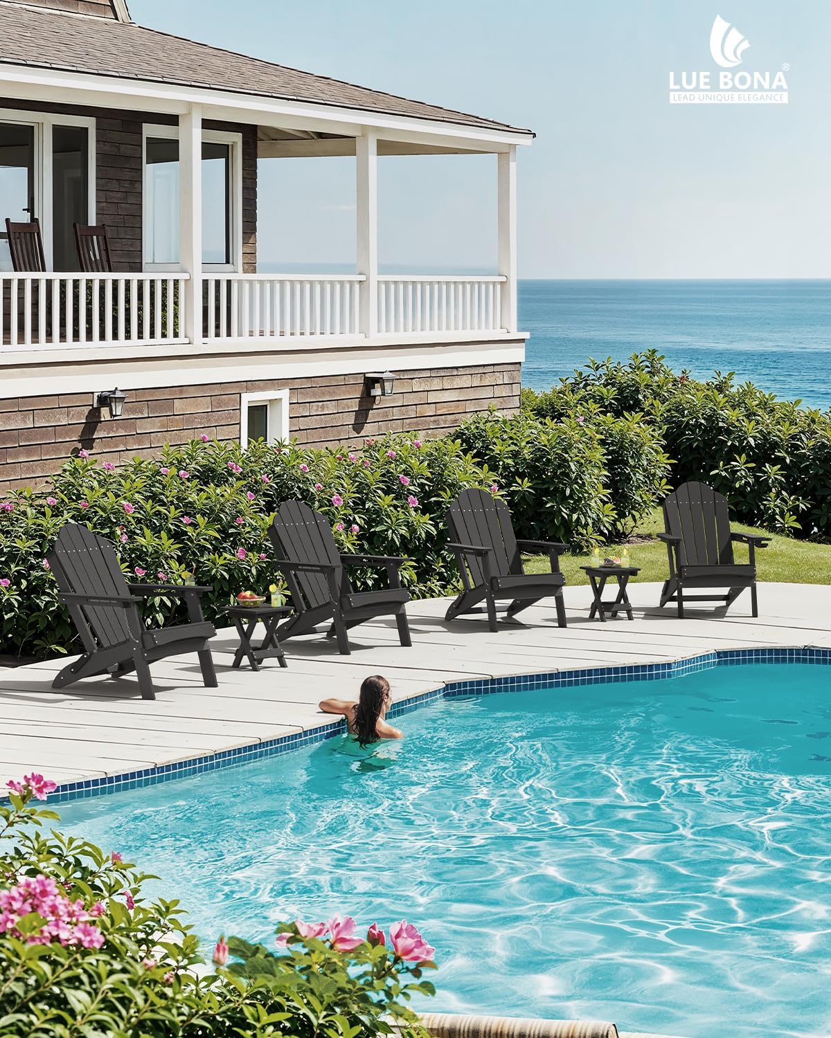 LUE BONA HDPE Folding Adirondack Chair, Cup Holder, Set of 4, Black