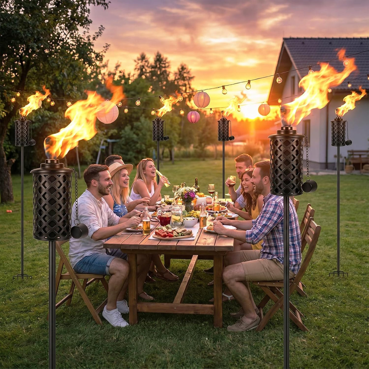 4 Pack Garden Torch, 16oz Outdoor Citronella Torches, 58-Inch Upgraded Citronella Torches with 5-Prong Grounded Stake, Metal Light Torches for Party Patio Pathway