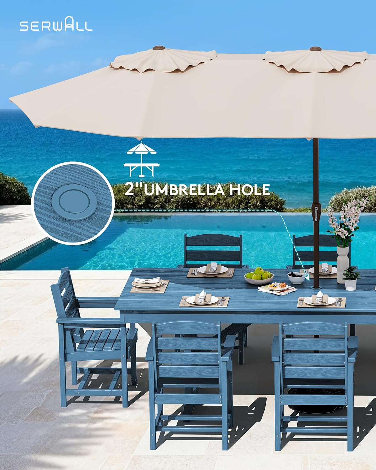 SERWALL 9Pcs 84" HDPE Outdoor Dining Set for 8 with Armchairs,Blue
