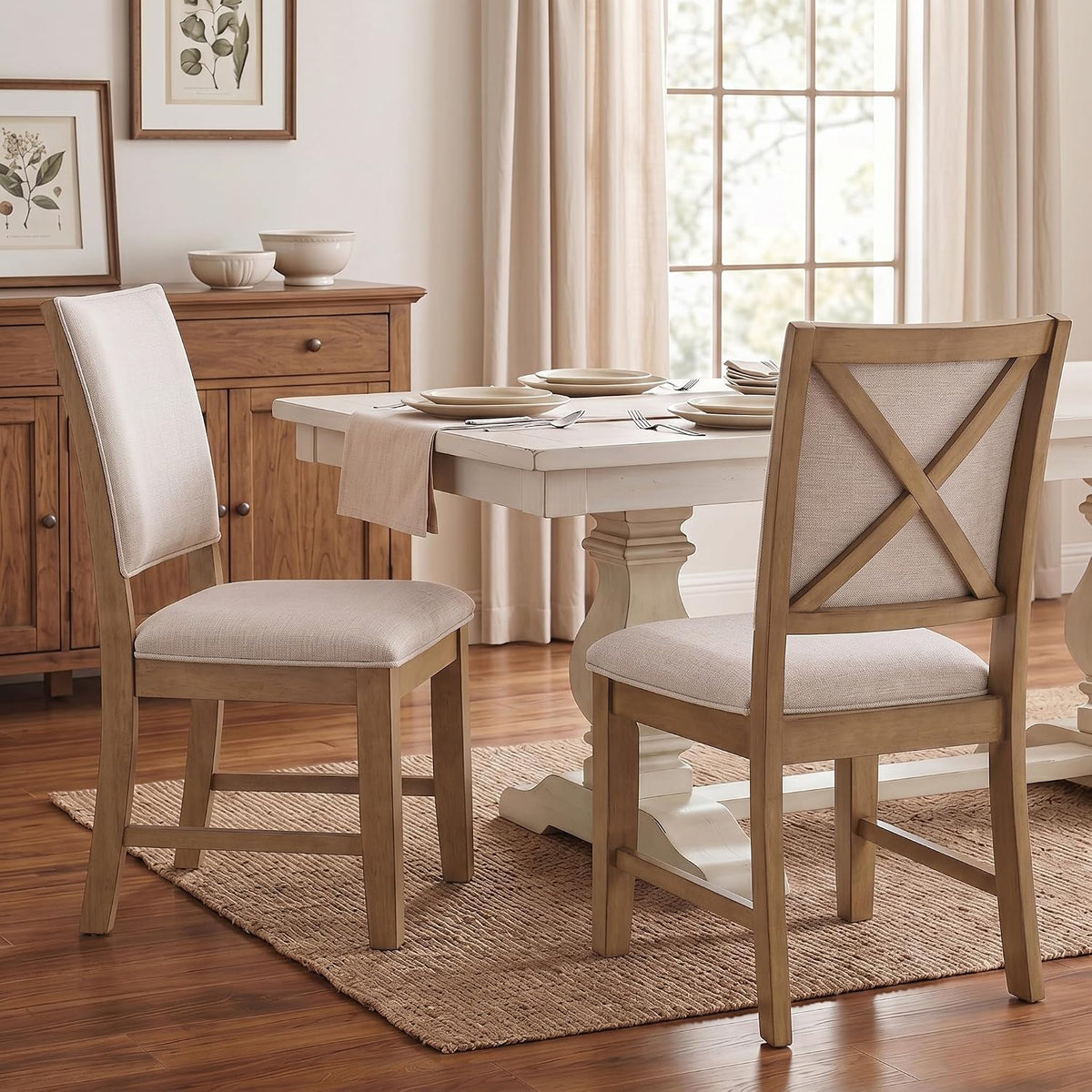 Upholstered Dining Chairs Set of 6 Farmhouse Kitchen Chairs with Cross Back Armless Wooden Side Chairs for Dining Room, Living Room, Reception (Grey Linen + Brown Frame)