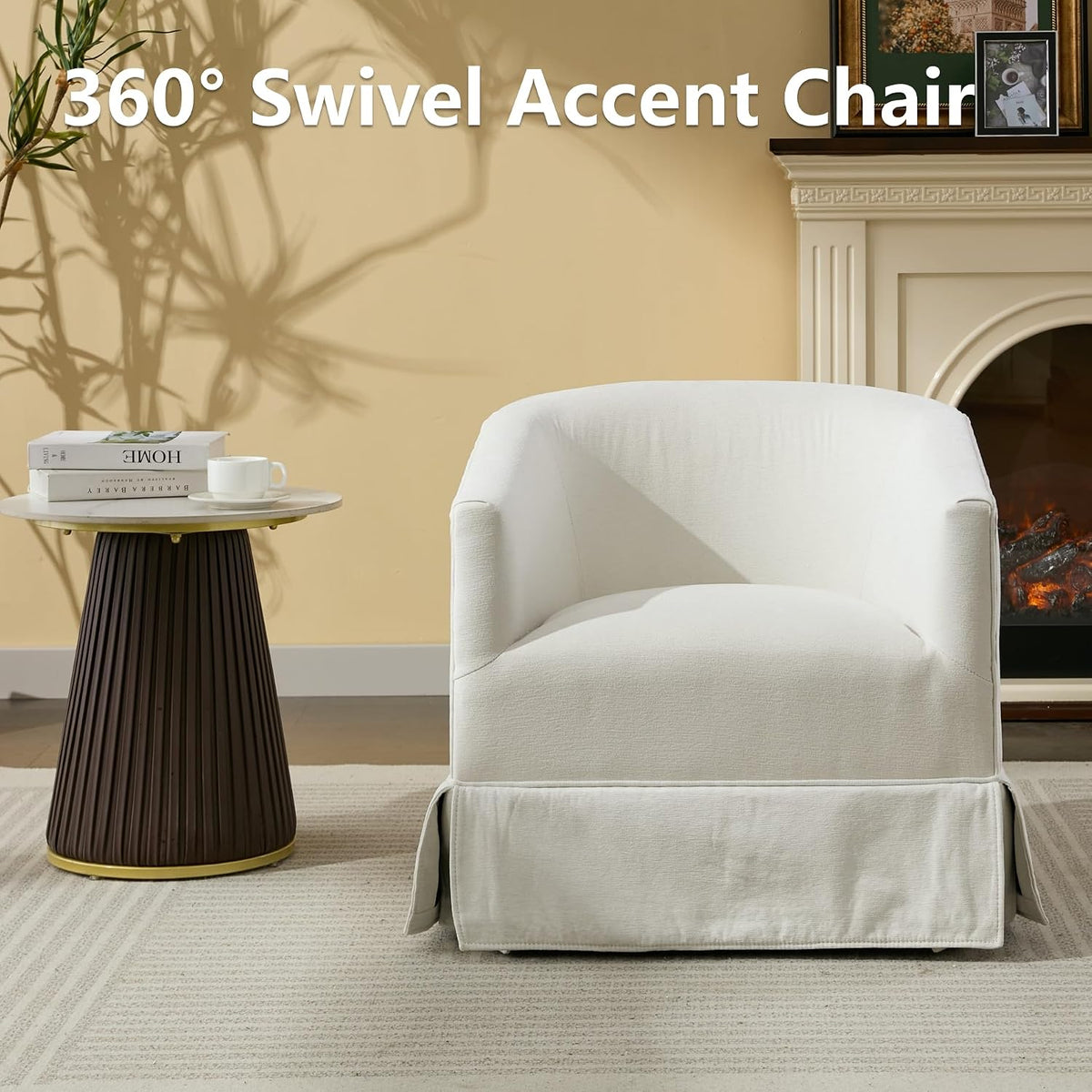 Swivel Accent Chair, Barrel Chair with Skirted Base, White