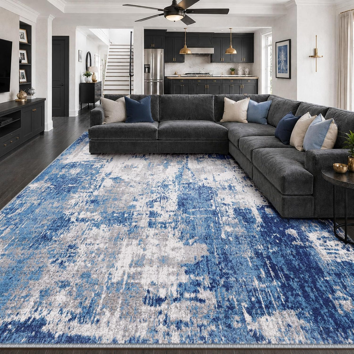RELEANY Washable 9'x12' Abstract Area Rug for Living Room Blue Gray