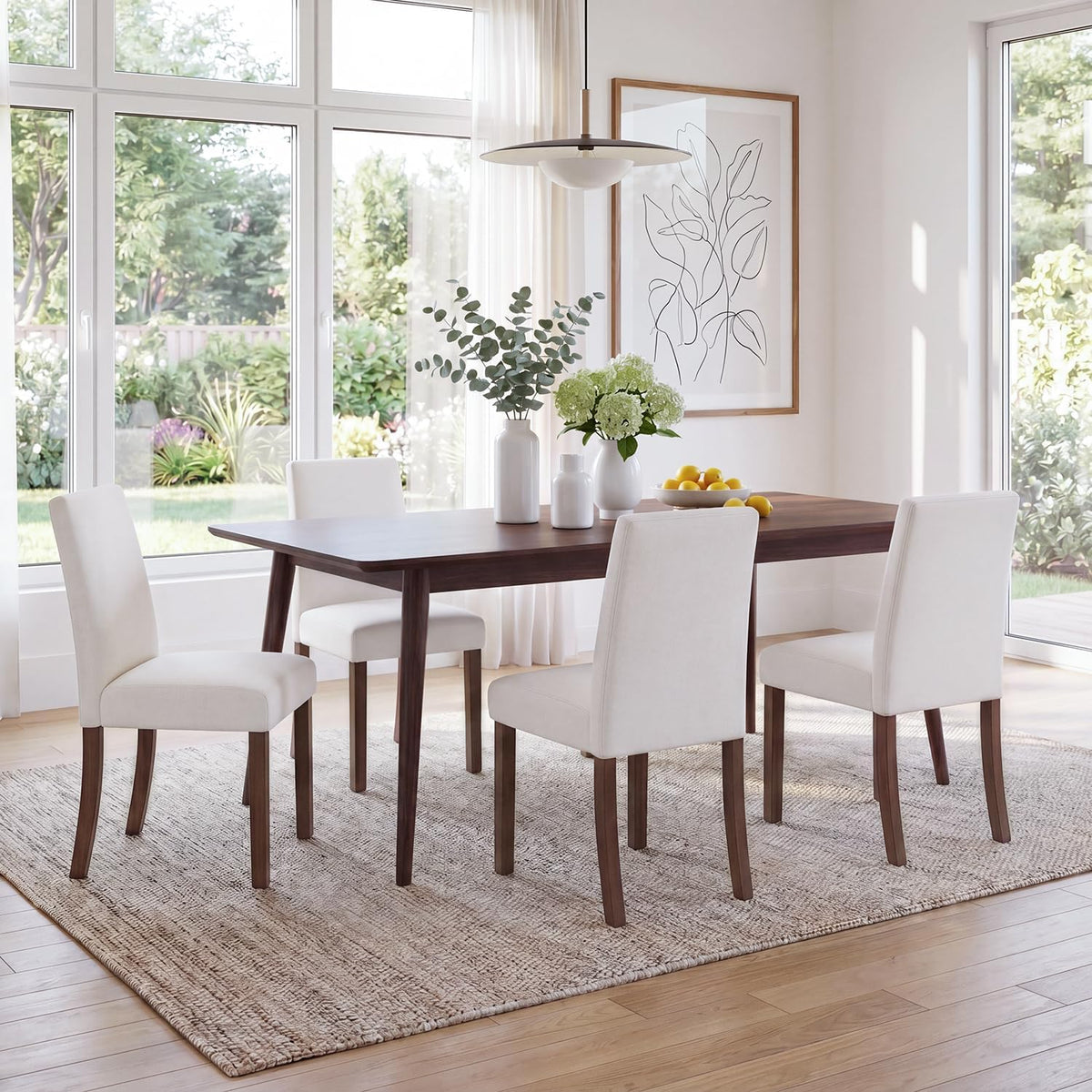 MALOL Modern Dining Chairs Set of 4, Upholstered Kitchen Chairs with High Back, Padded Fabric Dining Room Chair with Solid Wood Legs for Restaurant/Cafe/Home, Light Beige