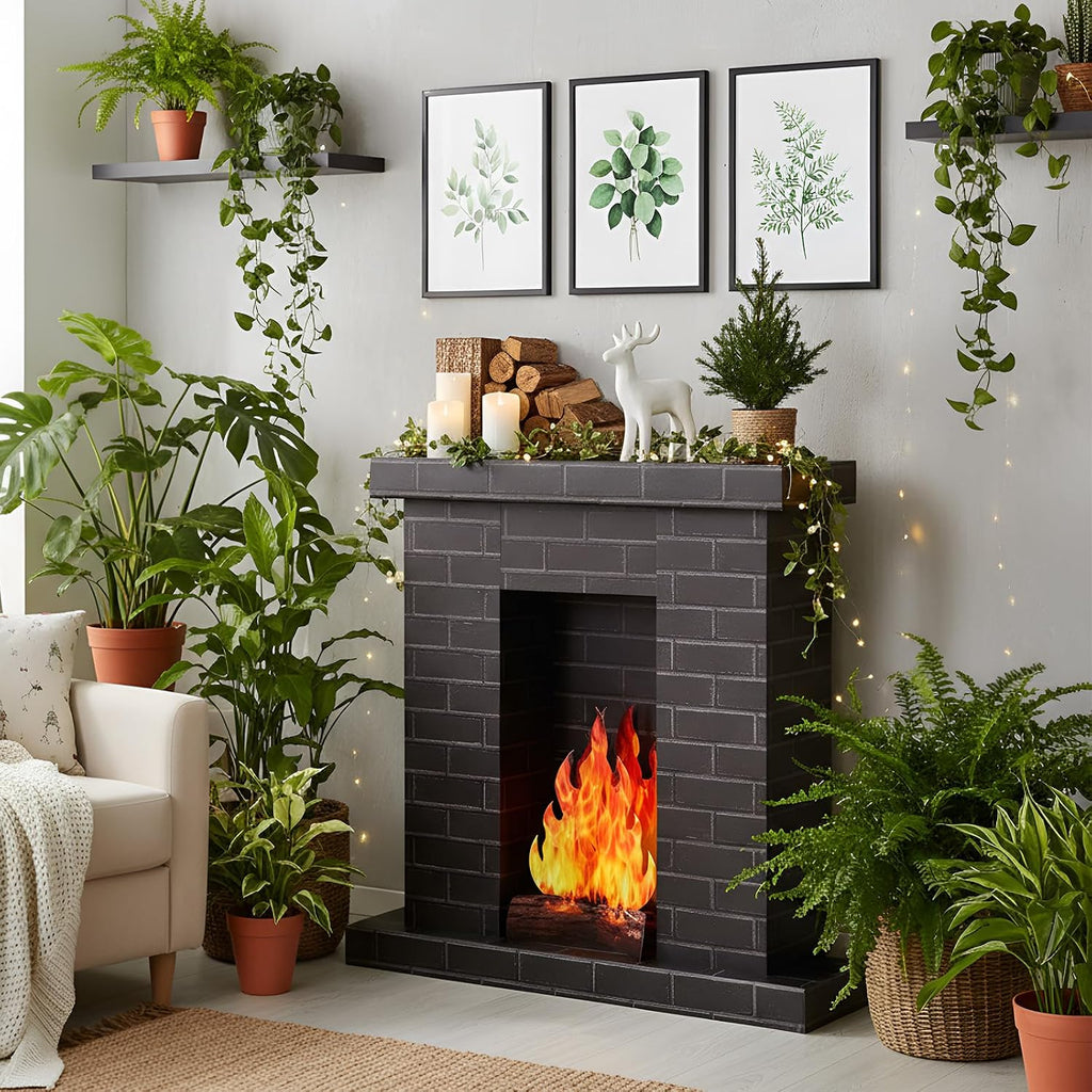 AmazingSpark 1 Set Christmas Corrugated Fireplace 35.5 x 29 x 8 Inch Cardboard Fireplace with 3D Fire Flame Prop 3D Life Size Cardboard Cutout Standup for Christmas Party Decorations (Black)