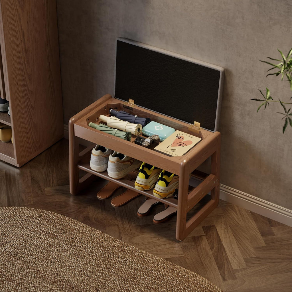 AQIMUELE Shoe Rack Bench, Wooden 2 Tiers with Flip-Top Storage