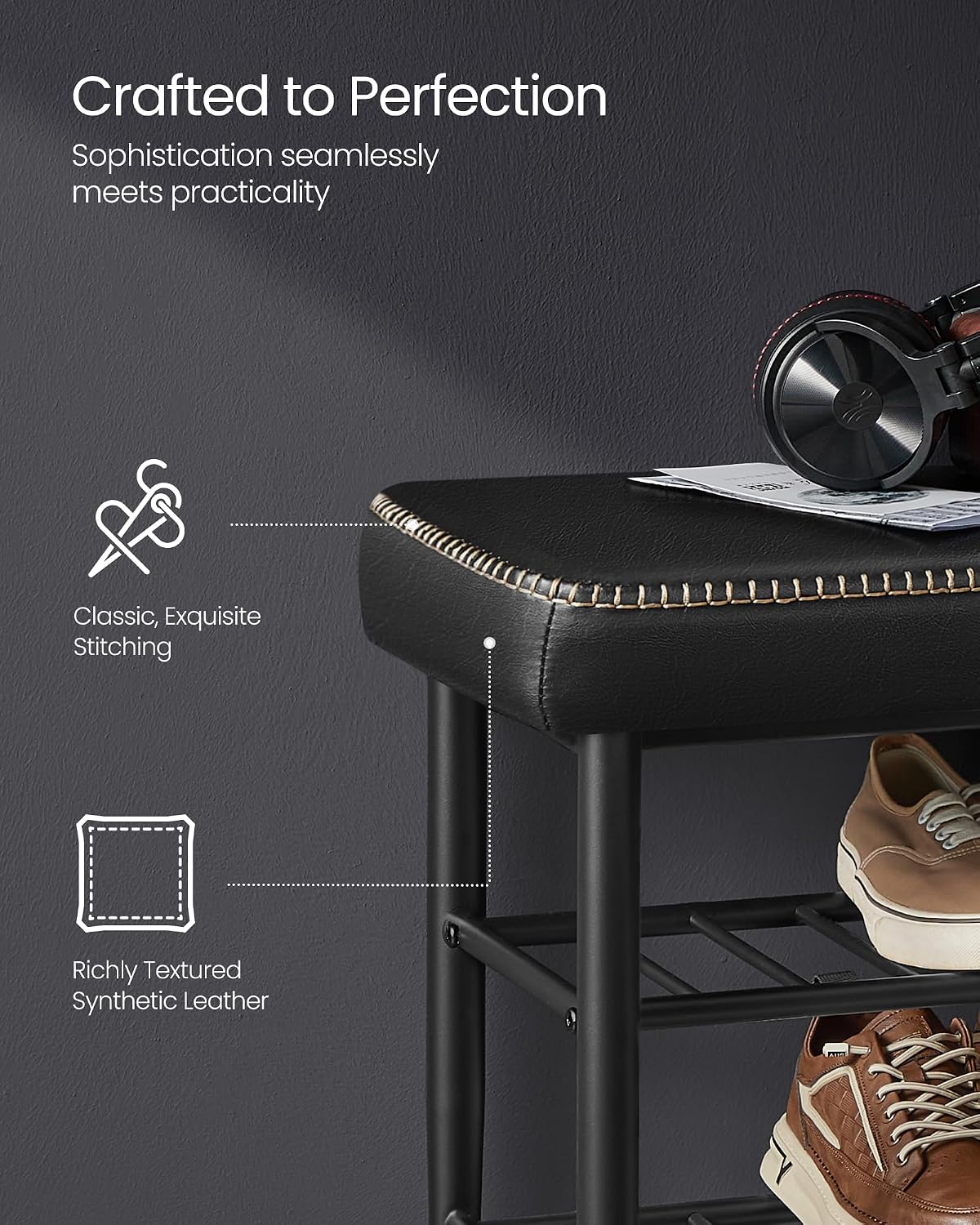 VASAGLE Shoe Bench, Synthetic Leather with Stitching, Loads 300 lb