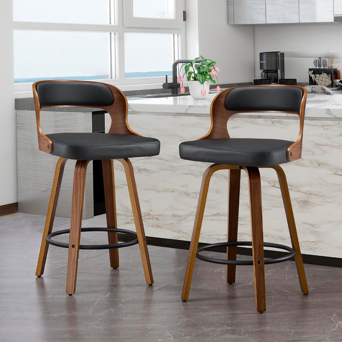 VipDesk 26 Inch Swivel Bar Stools, Faux Leather Mid Century Counter Height Bar Chair with Back and Arms, Modern Barstools for Home Bar, Dining Room, Kitchen Island, Black (Set of 2)