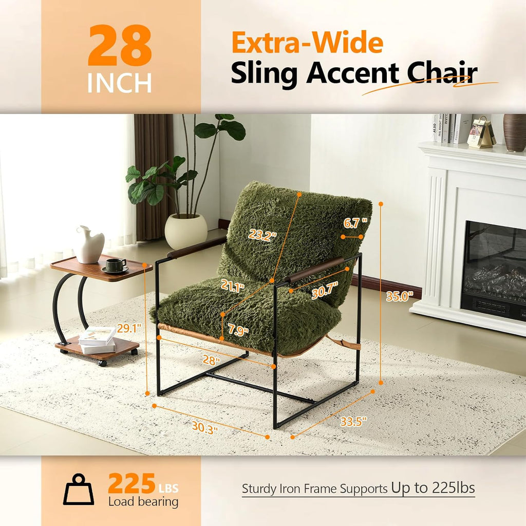 VINGLI 28" Wide Plush Upholstery Sling Modern Accent Chairs Set of 2, Cute Reading Armchair with Removable Seat Cushion & Tan Microfiber Seat Base, Lazy Chair for Bedroom & Lounge,Olive Green