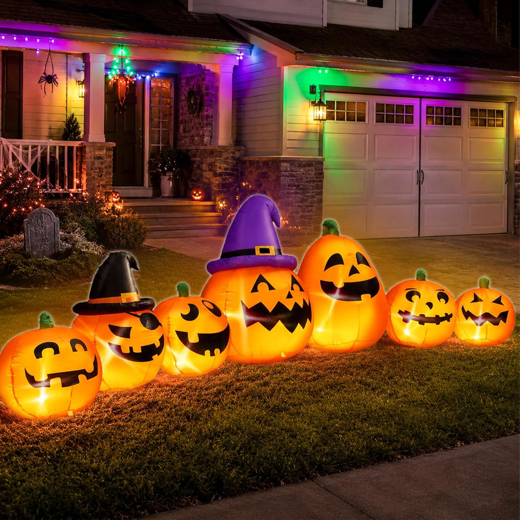 12 Ft Long Halloween Inflatables Pumpkins Outdoor Decor Built-in LED Lights